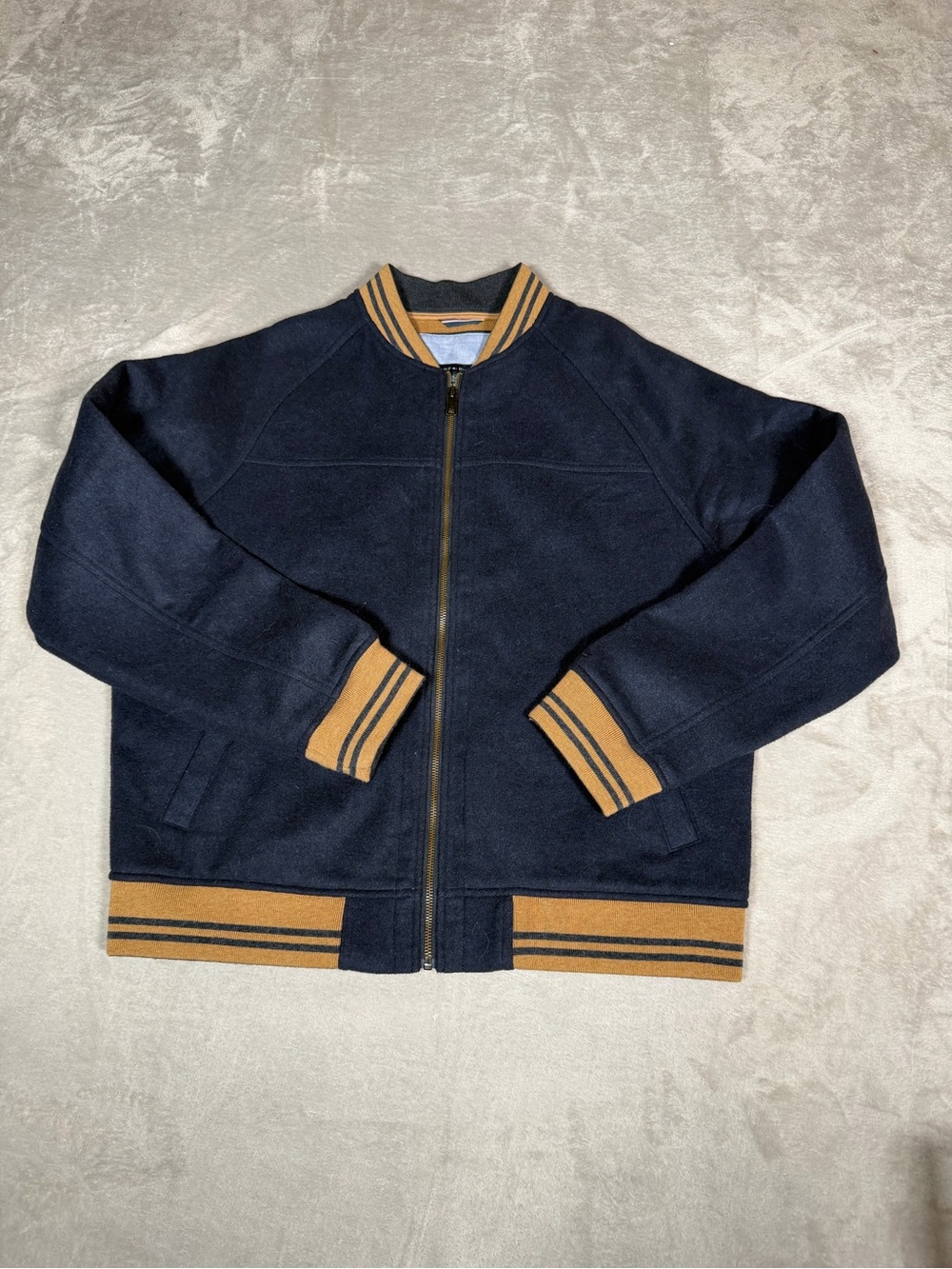 Tommy Hilfiger Navy Bomber Jacket with Tan Stripe Trim Mens XL